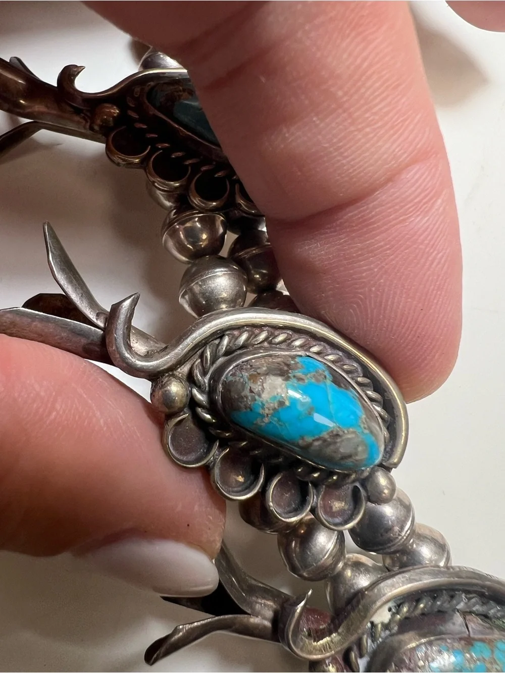 Sterling Silver Turquoise Squash Blossom Necklace - Picture 7 of 15